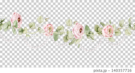 Eucalyptus watercolor greenery garland border with flowing branches and space above and below for text. Suitable for wedding stationery, greeting cards, branding and botanical projects. 140357716