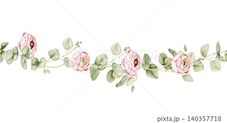 Ranunculus flowers and eucalyptus branches watercolor floral seamless border. Suitable for wedding invitations, greeting cards, stationery, packaging and feminine branding projects. Ranunculus flowers and eucalyptus branches watercolor floral seamless border. Suitable for wedding invitations, greeting cards, stationery, packaging and feminine branding projects. 140357718
