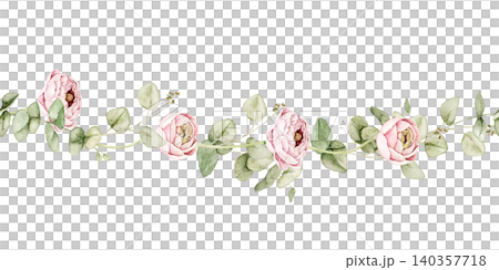 Ranunculus flowers and eucalyptus branches watercolor floral seamless border. Suitable for wedding invitations, greeting cards, stationery, packaging and feminine branding projects. Ranunculus flowers and eucalyptus branches watercolor floral seamless border. Suitable for wedding invitations, greeting cards, stationery, packaging and feminine branding projects. 140357718