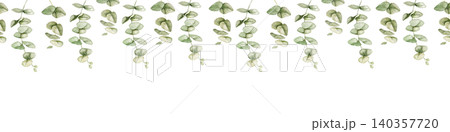 Eucalyptus watercolor seamless greenery border with repeating pattern. Suitable for wedding stationery, greeting cards, textiles, wrapping paper and minimalist botanical projects. 140357720