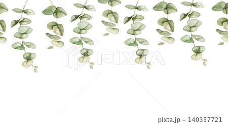 Eucalyptus watercolor hanging greenery border with cascading branches and space below for text. Suitable for wedding invitations, greeting cards, stationery, textiles and botanical branding projects. Eucalyptus watercolor hanging greenery border with cascading branches and space below for text. Suitable for wedding invitations, greeting cards, stationery, textiles and botanical branding projects. 140357721