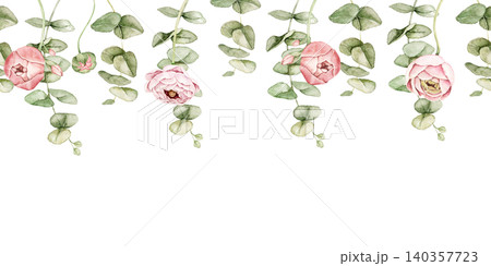 Ranunculus flowers and eucalyptus watercolor floral border with space below for text. Suitable for wedding invitations, greeting cards, stationery, packaging and feminine branding projects. 140357723
