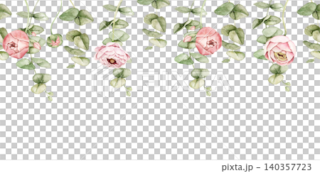 Ranunculus flowers and eucalyptus watercolor floral border with space below for text. Suitable for wedding invitations, greeting cards, stationery, packaging and feminine branding projects. 140357723