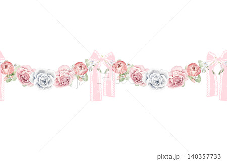 Watercolor seamless floral border with ranunculus flowers, white roses, greenery and pink lace bows. Suitable for wedding invitations, greeting cards, stationery and feminine branding designs. Watercolor seamless floral border with ranunculus flowers, white roses, greenery and pink lace bows. Suitable for wedding invitations, greeting cards, stationery and feminine branding designs. 140357733