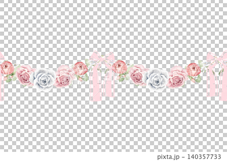 Watercolor seamless floral border with ranunculus flowers, white roses, greenery and pink lace bows. Suitable for wedding invitations, greeting cards, stationery and feminine branding designs. Watercolor seamless floral border with ranunculus flowers, white roses, greenery and pink lace bows. Suitable for wedding invitations, greeting cards, stationery and feminine branding designs. 140357733