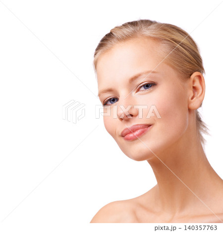 Portrait, beauty and space with natural woman in studio isolated on white background for wellness. Skincare, face and cosmetics with confident young model on mockup at salon for dermatology treatment Portrait, beauty and space with natural woman in studio isolated on white background for wellness. Skincare, face and cosmetics with confident young model on mockup at salon for dermatology treatment 140357763