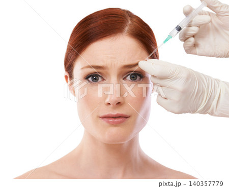 Woman, portrait and hands or botox syringe or anti aging skincare procedure, wrinkles or plastic surgery. Female person, scared and needle or forehead injection or studio, mockup or white background Woman, portrait and hands or botox syringe or anti aging skincare procedure, wrinkles or plastic surgery. Female person, scared and needle or forehead injection or studio, mockup or white background 140357779