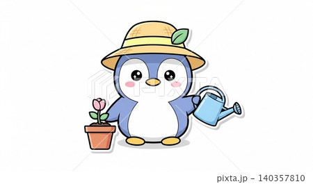 Cute penguin gardener with watering can gardener watering character illustration friendly whimsical isolated positive botanical blooming minimalist vectorart 140357810