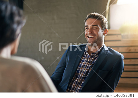 People, laugh and friendship for playful conversation, good mood or funny joke for bonding together. Cheerful, man and listen to happiness, humor and story for stress relief, rest and relaxation 140358391