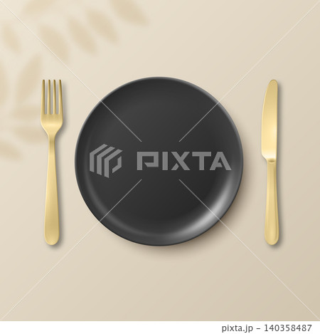 Vector 3d Black Empty Plate with Fork and Knife. Table Setting Top View. Minimal Dinnerware Mockup for Restaurant Menu. Clean Ceramic Dish and Cutlery. Dining Place Setting Isolated Vector 3d Black Empty Plate with Fork and Knife. Table Setting Top View. Minimal Dinnerware Mockup for Restaurant Menu. Clean Ceramic Dish and Cutlery. Dining Place Setting Isolated 140358487