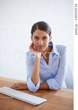 Businesswoman, portrait and confidence at desk as financial advisor or online investment, accounting or budget. Female person, keyboard and economy loan or company goal in London, review or startup Businesswoman, portrait and confidence at desk as financial advisor or online investment, accounting or budget. Female person, keyboard and economy loan or company goal in London, review or startup 140358516