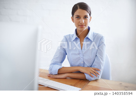 Businesswoman, portrait and computer at desk as financial advisor or online investment, budget or loan. Female person, face and company growth in London for future economy startup, target or research 140358594