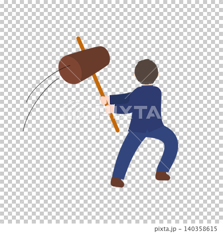 The back view of a businessman swinging a large hammer. The back view of a businessman swinging a large hammer. 140358615