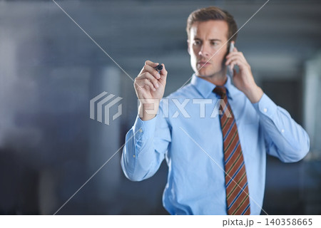 Businessman, writing and planning on glass with pen for notes of phone call, ideas or strategy for future. Virtual, communication and man problem solving on window, screen and contact with cellphone Businessman, writing and planning on glass with pen for notes of phone call, ideas or strategy for future. Virtual, communication and man problem solving on window, screen and contact with cellphone 140358665