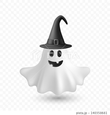 Vector 3d White Ghost with Black Witch Hat, Isolated. Cute Simple White Ghost Vector Illustration. Halloween Ghost Character with Wizard Hat and Floating Sheet. Design Template for Halloween Vector 3d White Ghost with Black Witch Hat, Isolated. Cute Simple White Ghost Vector Illustration. Halloween Ghost Character with Wizard Hat and Floating Sheet. Design Template for Halloween 140358681
