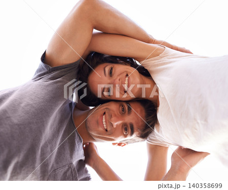 Portrait, embrace and couple with sky from below for outdoor travel adventure, summer holiday and love. Vacation, happy woman and man hug in nature on romantic date together with smile in Bali. Portrait, embrace and couple with sky from below for outdoor travel adventure, summer holiday and love. Vacation, happy woman and man hug in nature on romantic date together with smile in Bali. 140358699