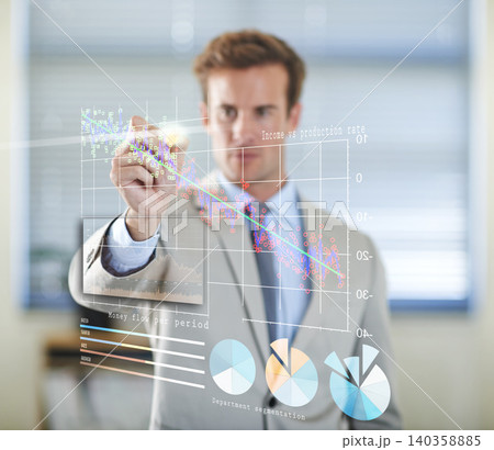 Future, touch or businessman charts with hologram or overlay for technology for growth statistics. 3d, financial or entrepreneur with touchscreen for money flow info, database or enterprise graphs Future, touch or businessman charts with hologram or overlay for technology for growth statistics. 3d, financial or entrepreneur with touchscreen for money flow info, database or enterprise graphs 140358885