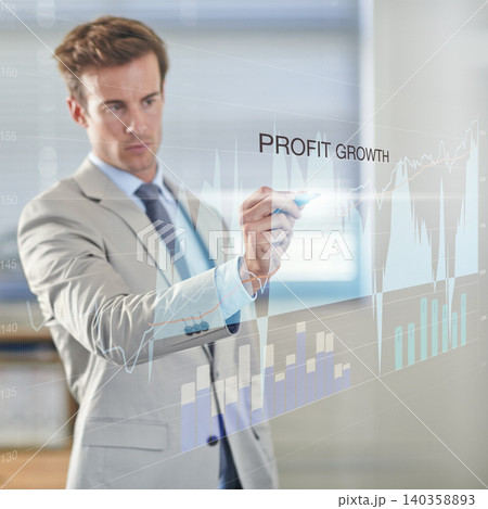 Businessman, analysis and writing on digital interface with statistics or graph for stock market growth. Pen, tech and professional trader on chart by screen, finance or investment on double exposure 140358893