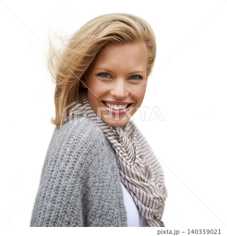 Autumn, fashion and portrait of happy woman in studio, white background or mock up space. Casual, style and girl with a smile and positive attitude in cardigan, jersey and scarf to relax in Amsterdam Autumn, fashion and portrait of happy woman in studio, white background or mock up space. Casual, style and girl with a smile and positive attitude in cardigan, jersey and scarf to relax in Amsterdam 140359021
