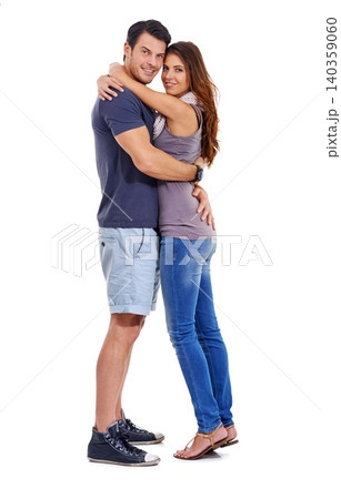 Portrait, smile and couple hug for love, romance or commitment to marriage isolated on a white studio background. Care, man and happy woman embrace for connection, support or relationship on mockup Portrait, smile and couple hug for love, romance or commitment to marriage isolated on a white studio background. Care, man and happy woman embrace for connection, support or relationship on mockup 140359060