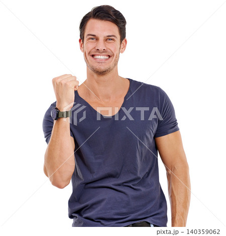 Portrait, happy and man with fist pump for success, victory or winning in studio on mockup. Excited, male person and smile for celebration of achievement, good news or triumph on white background Portrait, happy and man with fist pump for success, victory or winning in studio on mockup. Excited, male person and smile for celebration of achievement, good news or triumph on white background 140359062
