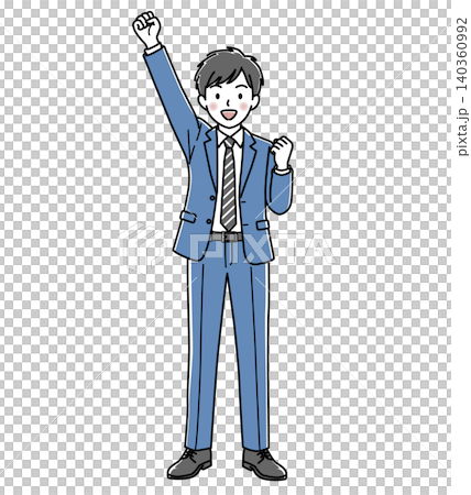 Vector illustration of a male office worker (full body) raising one hand in cheering. 140360992