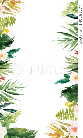 Watercolor tropical leaves and flowers border design with transparent background aspect ratio 9 16 Watercolor tropical leaves and flowers border design with transparent background aspect ratio 9 16 140361077