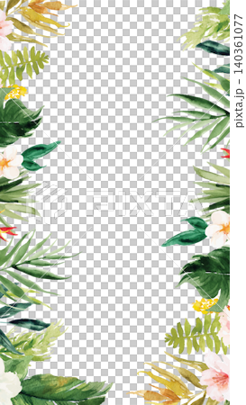 Watercolor tropical leaves and flowers border design with transparent background aspect ratio 9 16 Watercolor tropical leaves and flowers border design with transparent background aspect ratio 9 16 140361077