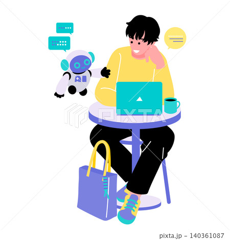 カフェでAIロボットとやり取りしながらノートパソコンで作業する男性のイラスト 生成AI活用 カフェでAIロボットとやり取りしながらノートパソコンで作業する男性のイラスト 生成AI活用 140361087