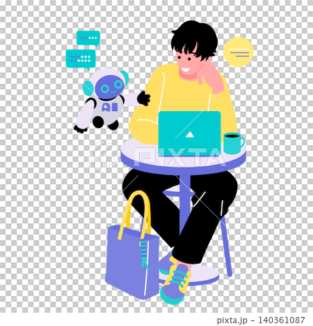 カフェでAIロボットとやり取りしながらノートパソコンで作業する男性のイラスト 生成AI活用 カフェでAIロボットとやり取りしながらノートパソコンで作業する男性のイラスト 生成AI活用 140361087