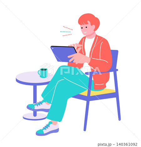 椅子に座りタブレットを操作する男性のイラスト 笑顔・リラックス・デジタル・カフェ 椅子に座りタブレットを操作する男性のイラスト 笑顔・リラックス・デジタル・カフェ 140361092