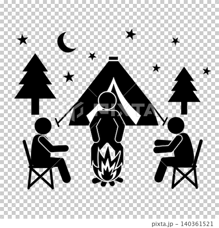 夜幕降臨,森林裡三個身影圍坐在營火旁。 夜幕降臨,森林裡三個身影圍坐在營火旁。 140361521