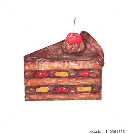 さくらんぼが乗ったチョコレートケーキ / 手描き さくらんぼが乗ったチョコレートケーキ / 手描き 140361556