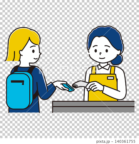 レジで接客するエプロン姿の女性店員とリュックを背負った女性のイラスト 140361755