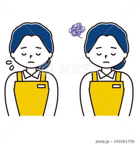 困り顔でお辞儀するエプロン姿の女性のイラストセット 140361756