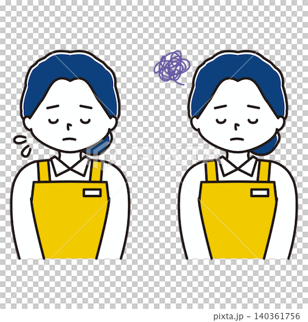 A set of illustrations of a woman in an apron bowing with a troubled expression. A set of illustrations of a woman in an apron bowing with a troubled expression. 140361756