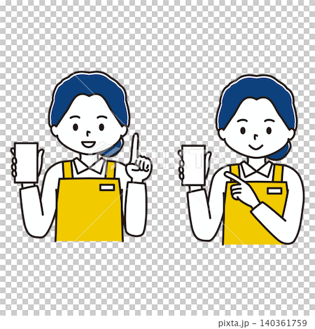 A set of illustrations of a woman in an apron holding a smartphone. A set of illustrations of a woman in an apron holding a smartphone. 140361759