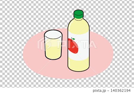 A pink mat with a plastic bottle of apple juice and a glass (with outlines). A pink mat with a plastic bottle of apple juice and a glass (with outlines). 140362194