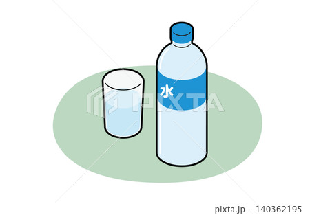 緑の敷物の上に水のペットボトルとコップ(主線あり) 緑の敷物の上に水のペットボトルとコップ(主線あり) 140362195