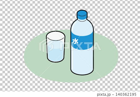 緑の敷物の上に水のペットボトルとコップ(主線あり) 緑の敷物の上に水のペットボトルとコップ(主線あり) 140362195