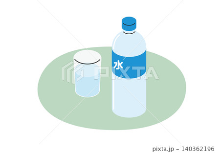 緑の敷物の上に水のペットボトルとコップ（主線なし） 140362196