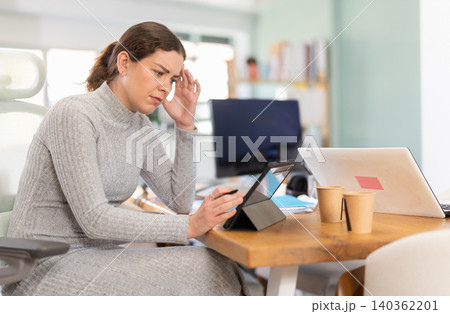Female office worker sitting at desk. Tired woman accountant doing her job 140362201