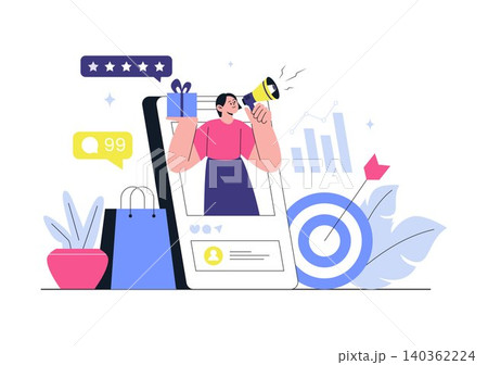 Influencer Marketing Illustration Featuring Social Media Promotion, Brand Endorsement, Digital Advertising, Audience, and Online Growth Strategy Influencer Marketing Illustration Featuring Social Media Promotion, Brand Endorsement, Digital Advertising, Audience, and Online Growth Strategy 140362224