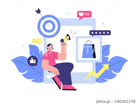 Influencer Marketing Illustration Featuring Social Media Promotion, Brand Endorsement, Digital Advertising, Audience, and Online Growth Strategy 140362236
