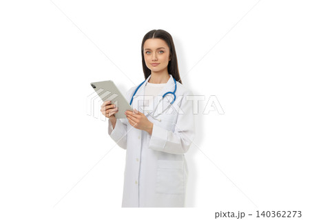 Person in a lab coat with a tablet and stethoscope, isolated, PNG Person in a lab coat with a tablet and stethoscope, isolated, PNG 140362273