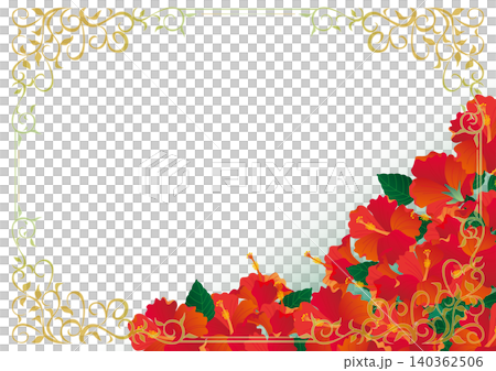 Background material <Floral calligraphy frame, decorative border, decorative line, summer, hibiscus, horizontal orientation> 140362506