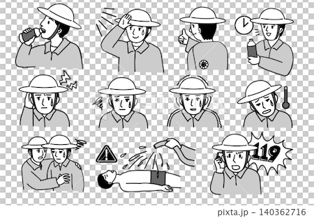 熱中症の症状と対策をする農家イラストセット 応急処置 身体冷却 畑仕事 農作業 労働安全 透過 熱中症の症状と対策をする農家イラストセット 応急処置 身体冷却 畑仕事 農作業 労働安全 透過 140362716