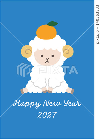 2027年未年の年賀状テンプレート。羊、かわいい、みかん、縁起物、ベクター、ひつじ 2027年未年の年賀状テンプレート。羊、かわいい、みかん、縁起物、ベクター、ひつじ 140363533
