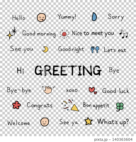 Simple and easy-to-use handwritten-style English conversation messages and colorful emoji logos Simple and easy-to-use handwritten-style English conversation messages and colorful emoji logos 140363604