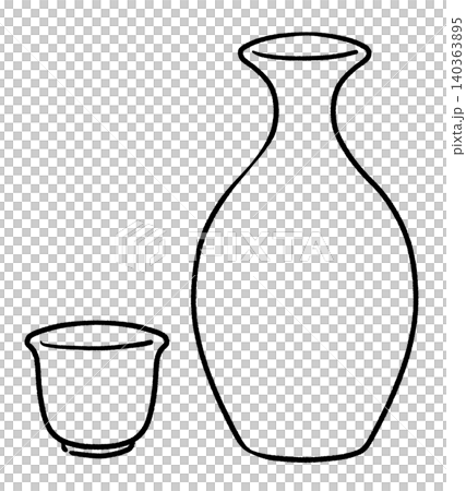 Line art illustration of a sake bottle and sake cups Line art illustration of a sake bottle and sake cups 140363895